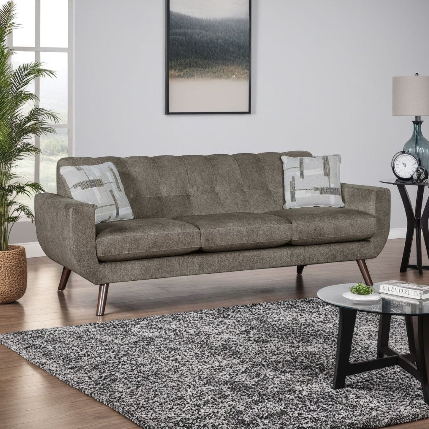 Divano Jany con 2 cuscini, 87 pollici in microfibra marrone, tonalità noce