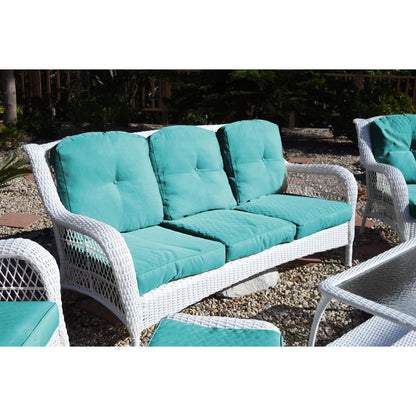 Set di sedute Jeco in vimini bianco da 6 pezzi con cuscini color cuoio