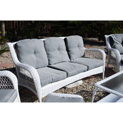 Set di sedute Jeco in vimini bianco da 6 pezzi con cuscini color cuoio