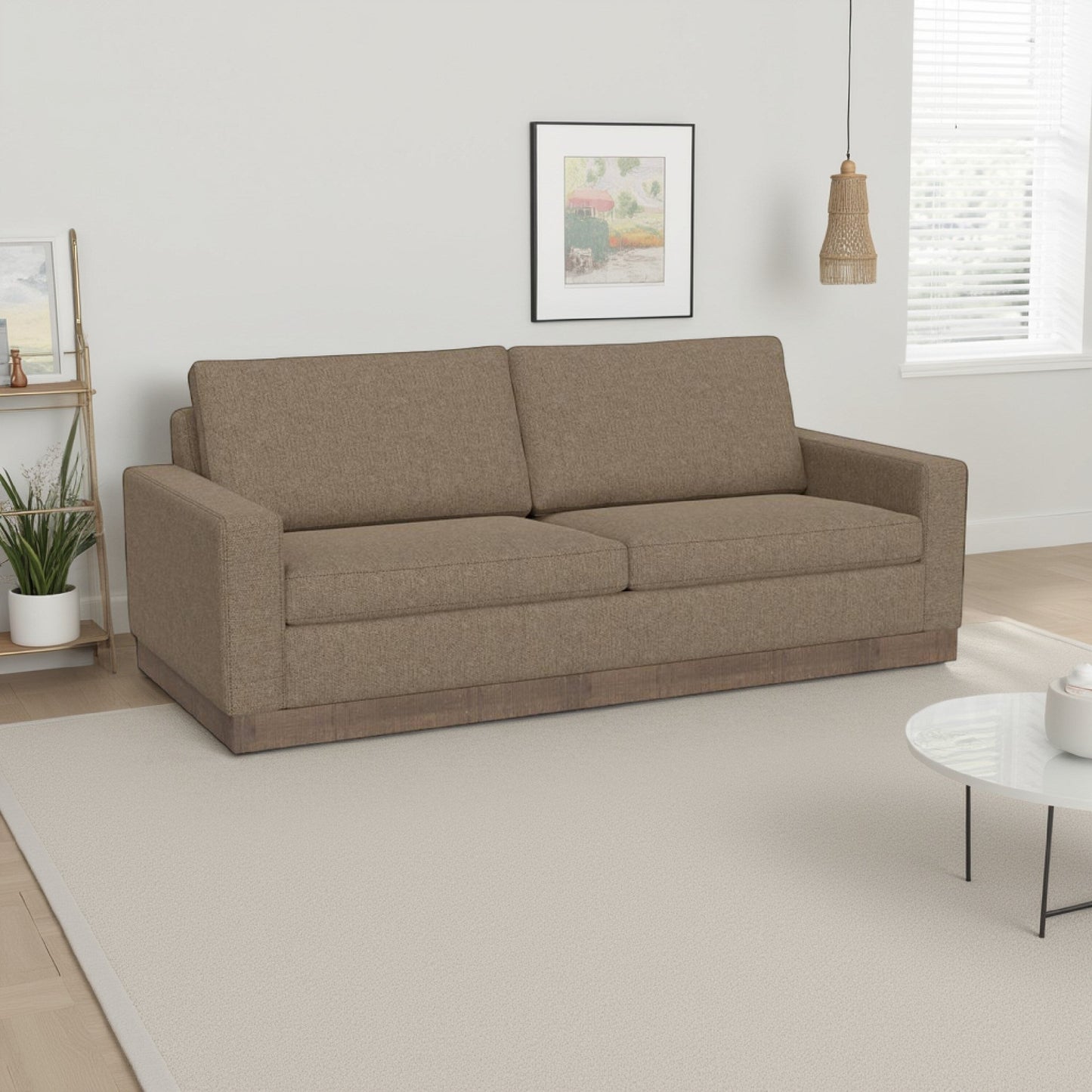 Divano Jeni, 2 cuscini decorativi, seduta moderna in poliestere color cammello da 90 pollici