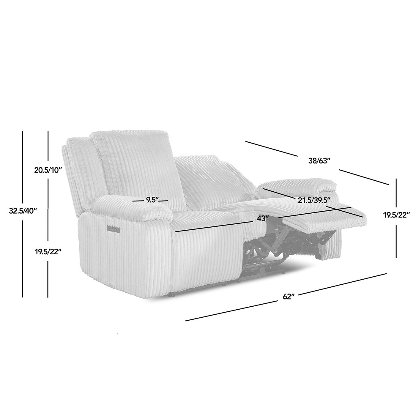 Divano reclinabile a due posti Philip 62 Power Motion di Jennifer Taylor Home, velluto a coste grigio luna