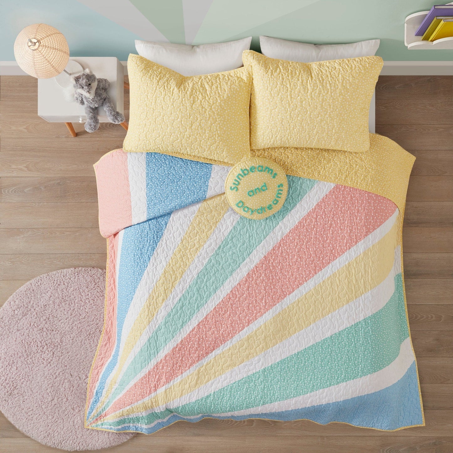 Set trapunta reversibile in cotone Jessie Rainbow Sunburst con cuscino decorativo per bambini di Intelligent Design Kids