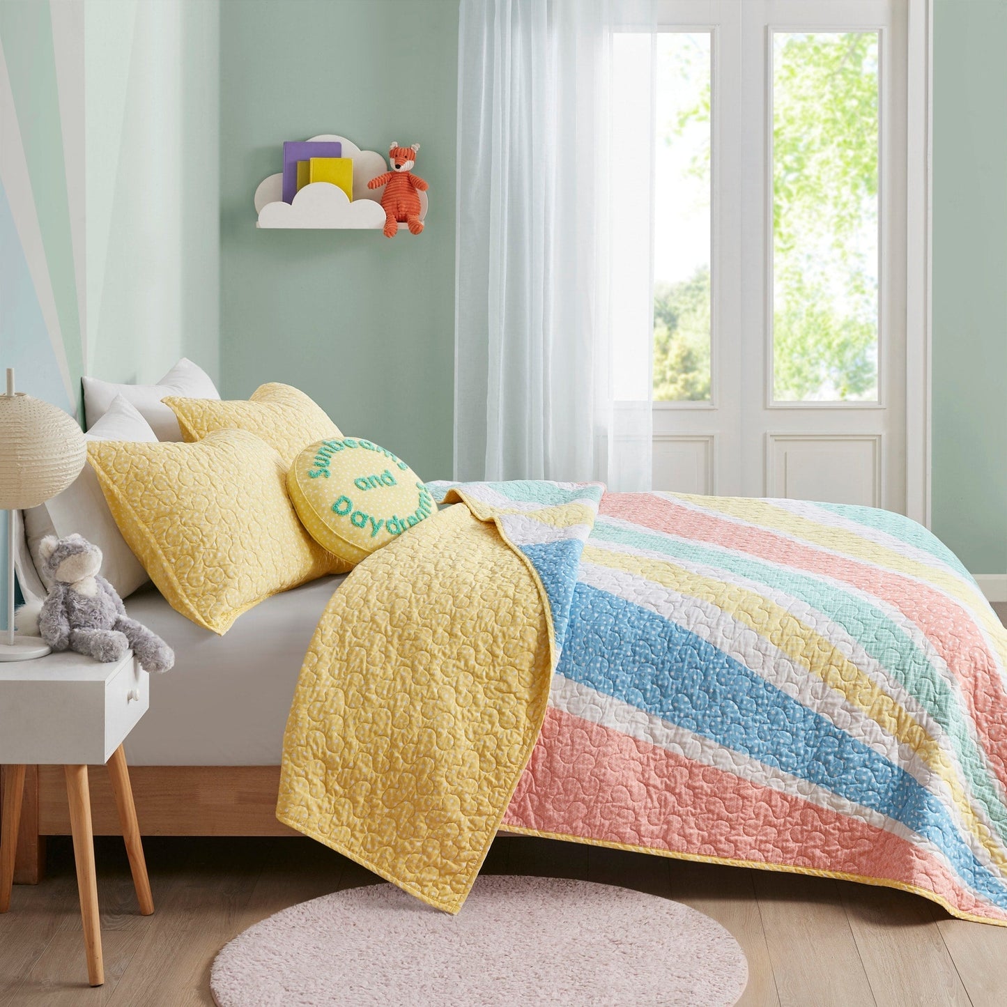 Set trapunta reversibile in cotone Jessie Rainbow Sunburst con cuscino decorativo per bambini di Intelligent Design Kids