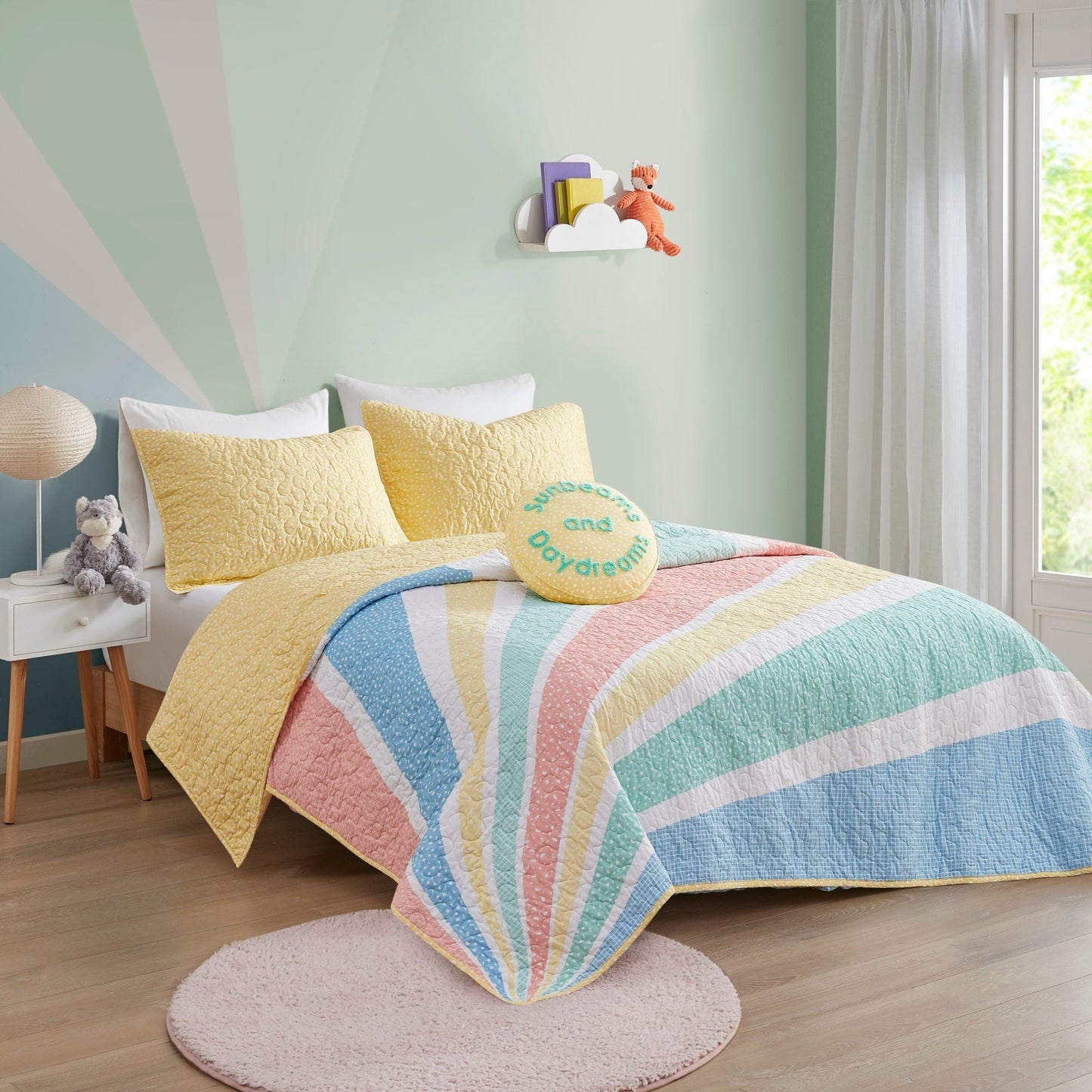 Set trapunta reversibile in cotone Jessie Rainbow Sunburst con cuscino decorativo per bambini di Intelligent Design Kids