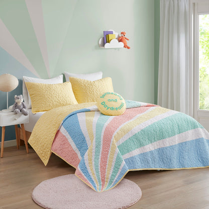 Set trapunta reversibile in cotone Jessie Rainbow Sunburst con cuscino decorativo per bambini di Intelligent Design Kids
