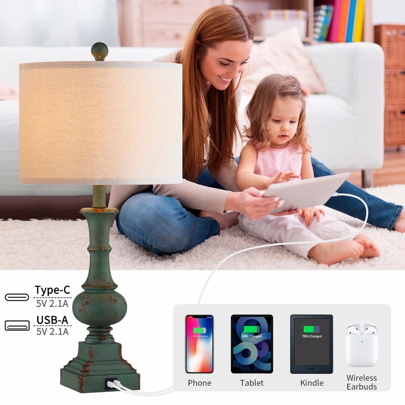 KAWOTI 25.5 Set di lampade da tavolo Framhouse con porte USB, lampadine (set di 2) - L12 x A25,5