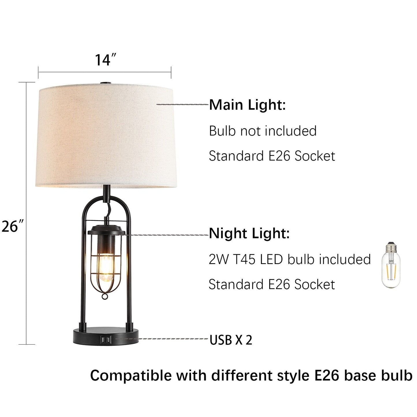 Lampada da tavolo KAWOTI in bronzo scuro da 26 pollici con porte USB, luce notturna