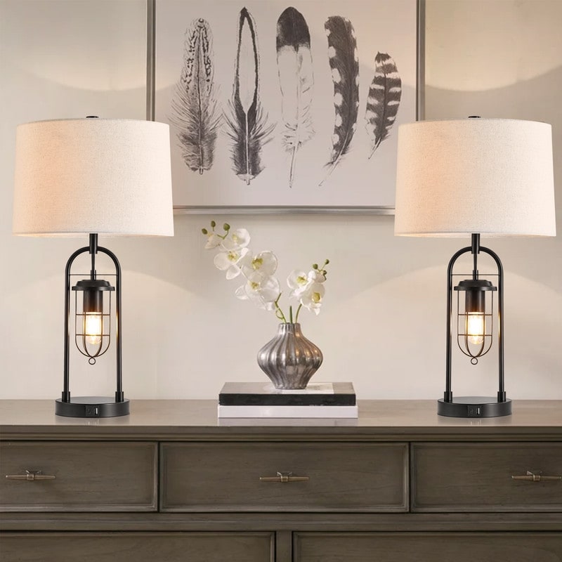 Lampada da tavolo KAWOTI in bronzo scuro da 26 pollici con porte USB, luce notturna