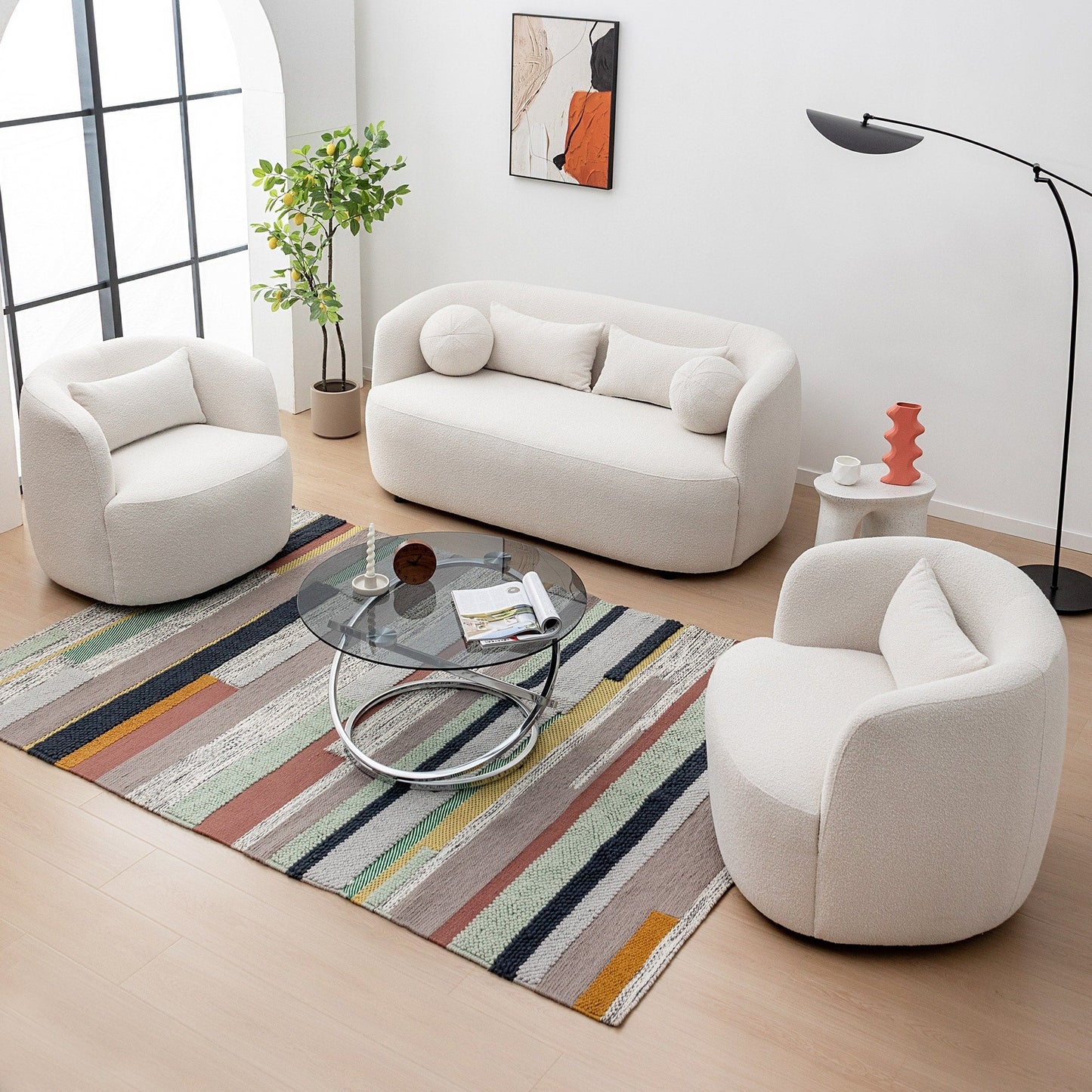 Divano a due posti imbottito in tessuto Boucle KINWELL con cuscini