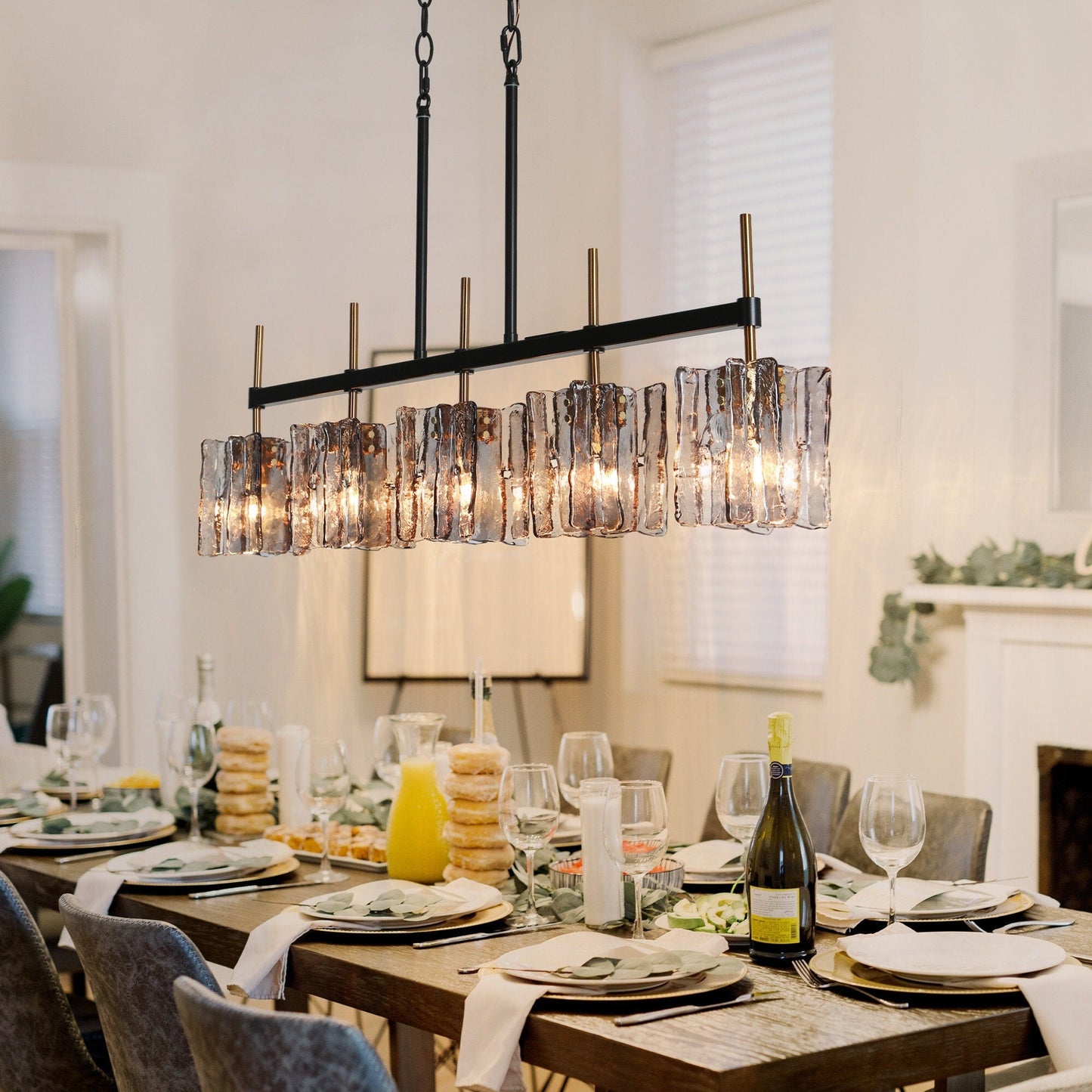 Lampadario lineare moderno Kasy a 5 luci con isola da cucina in vetro testurizzato, design unico