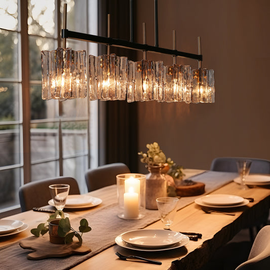 Lampadario lineare moderno Kasy a 5 luci con isola da cucina in vetro testurizzato, design unico