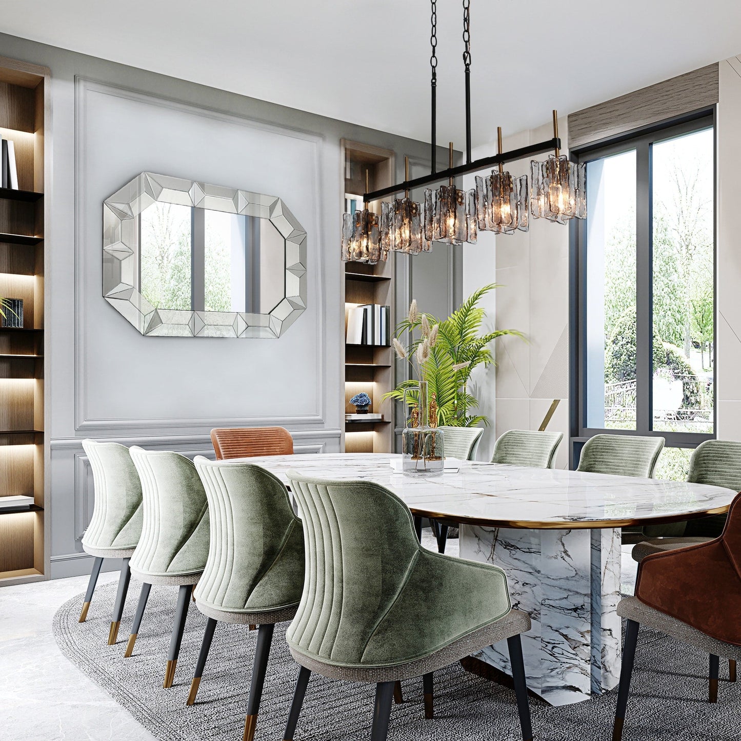 Lampadario lineare moderno Kasy a 5 luci con isola da cucina in vetro testurizzato, design unico