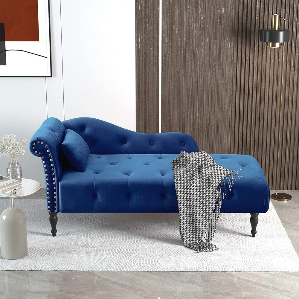 61 Poltrona Chaise Longue in Velluto con 1 Cuscino e Borchie Rifinite