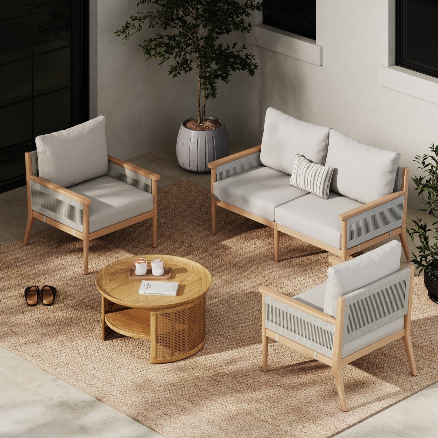 Set da conversazione da giardino Kayden Bohemian da 3 pezzi, divano a due posti e sedia da esterno con struttura in legno massello di acacia