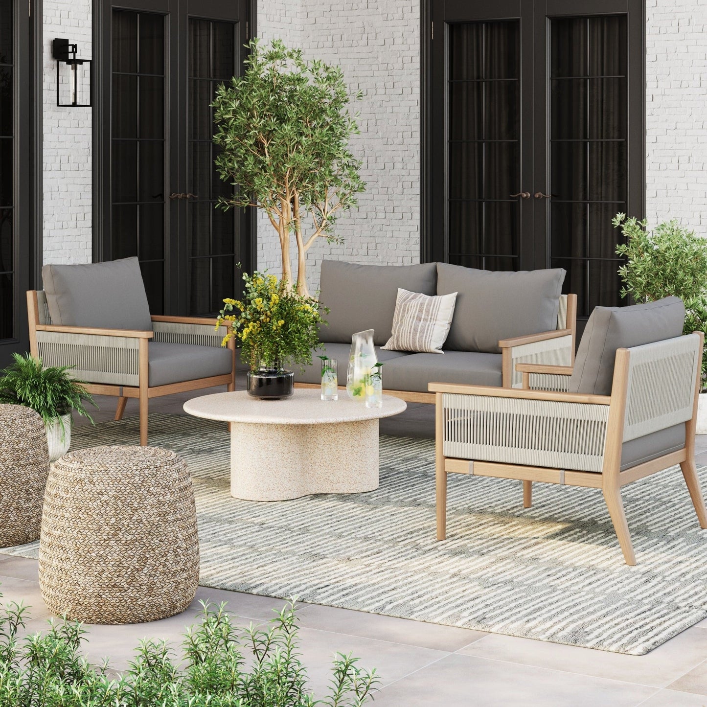 Set da conversazione da giardino Kayden Bohemian da 3 pezzi, divano a due posti e sedia da esterno con struttura in legno massello di acacia