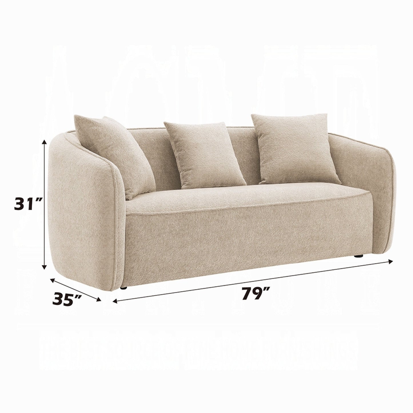 Divano Keina, 3 cuscini decorativi, schienale arrotondato, ciniglia beige, 79 pollici