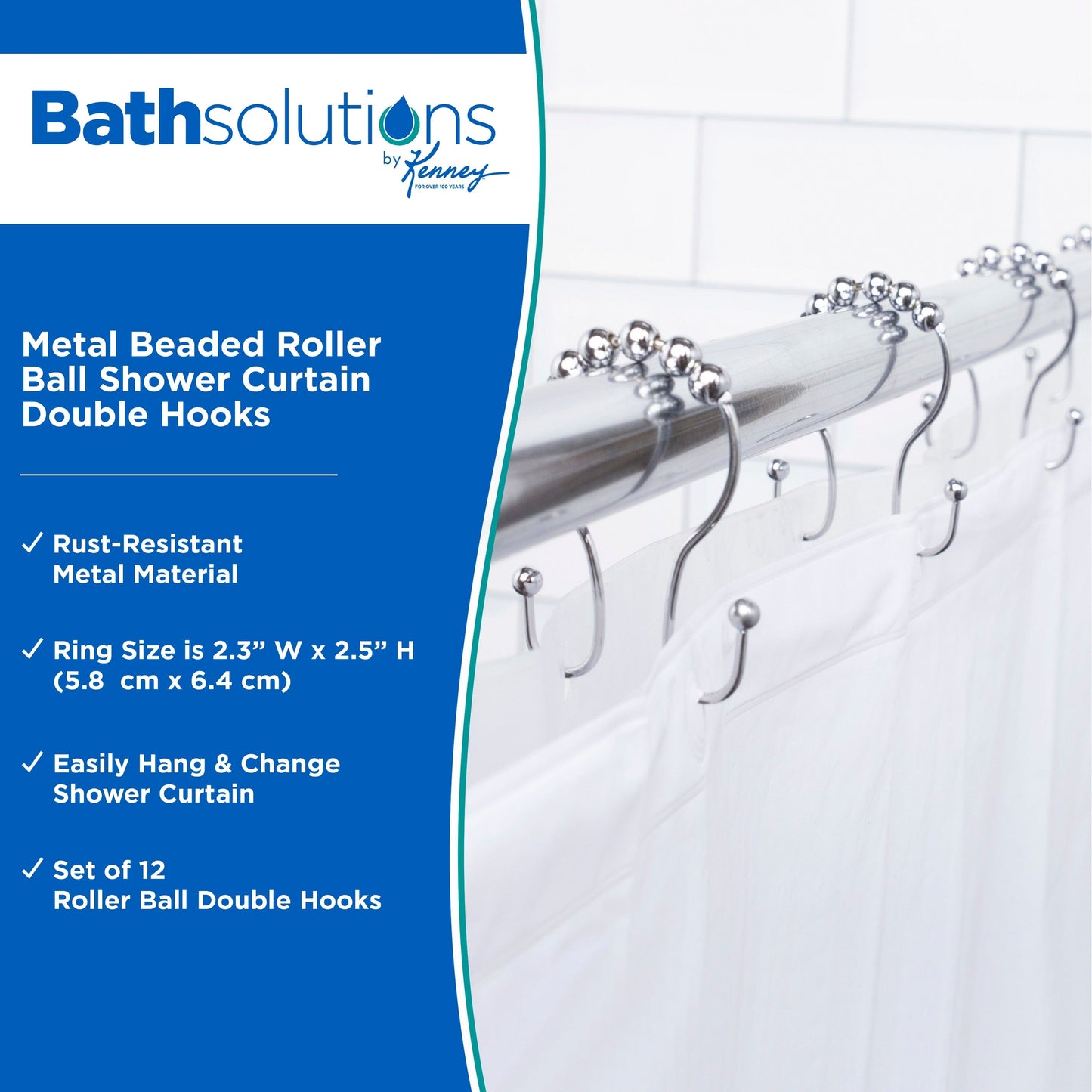 Tenda da doccia con rullo perline Kenney, doppi ganci, set da 12