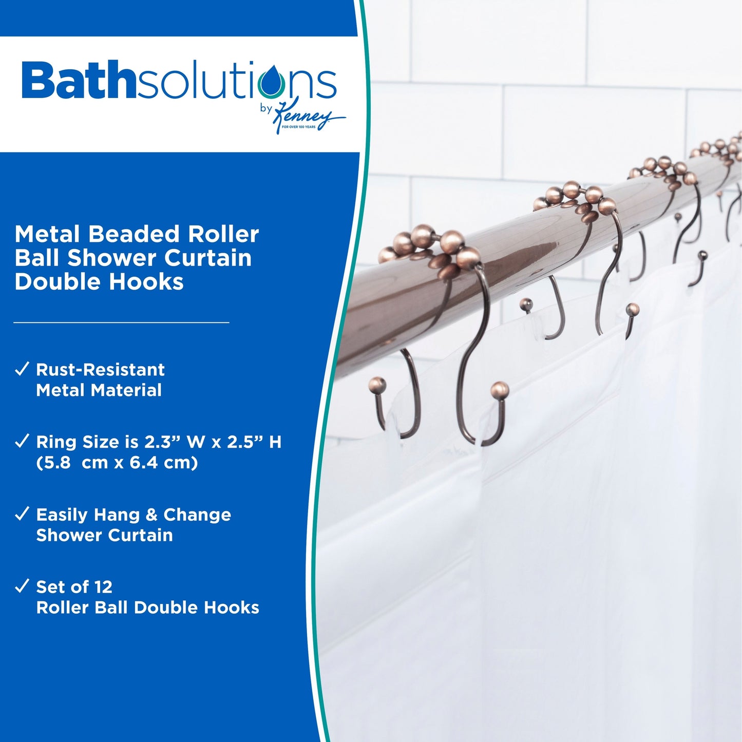 Tenda da doccia con rullo perline Kenney, doppi ganci, set da 12