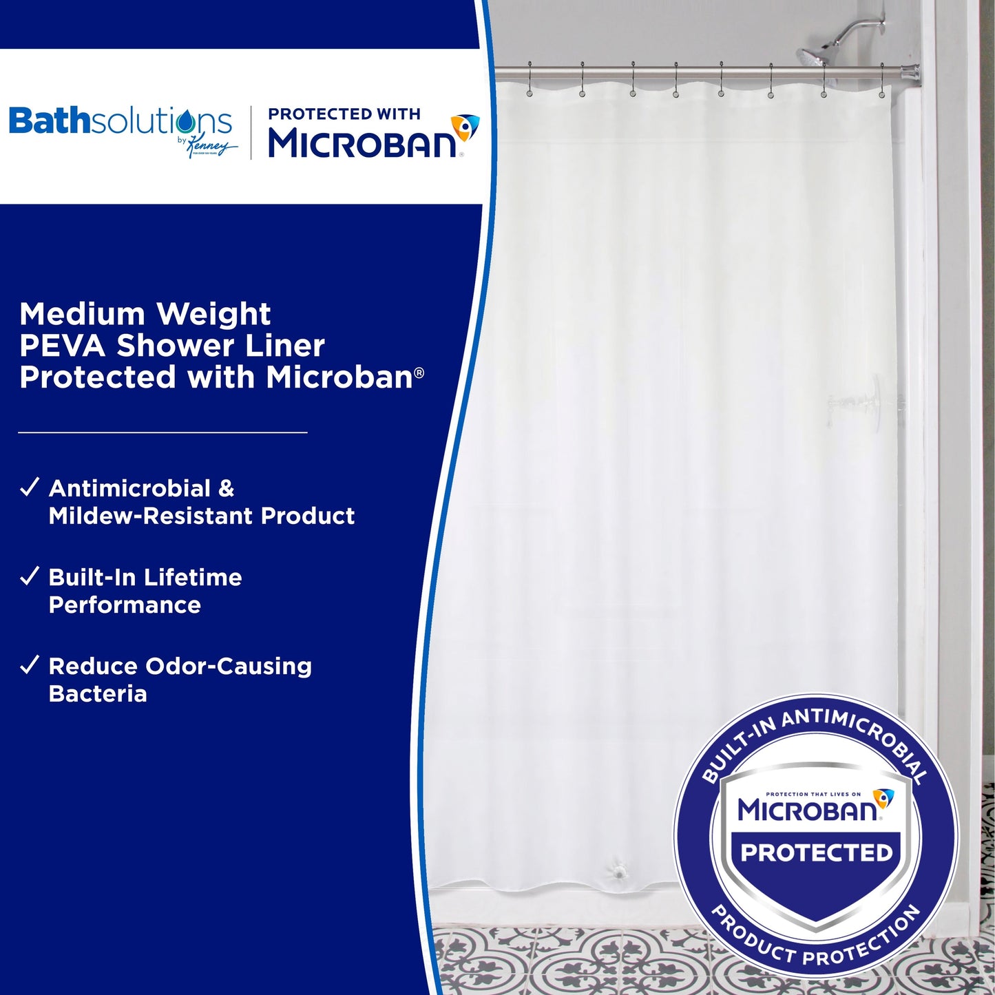 Rivestimento doccia Kenney Microban in PEVA di peso medio, 70 L x 72 A