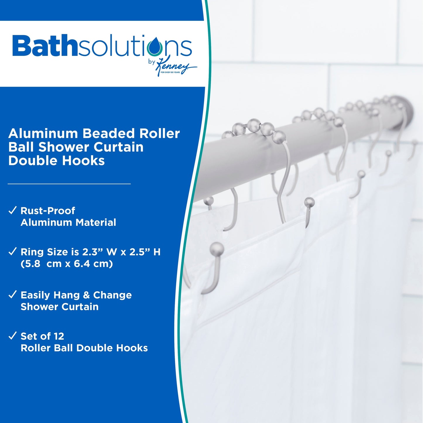 Tenda da doccia a rullo con perline antiruggine Kenney, doppi ganci, set da 12 - Grigio opaco