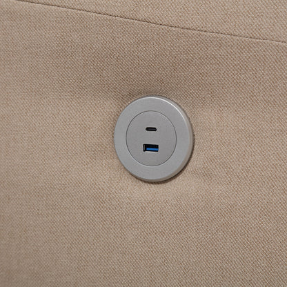 Divano moderno a 3 posti in lino trapuntato color cachi con 79 bottoni, 2 porte USB e piedino quadrato in plastica solida