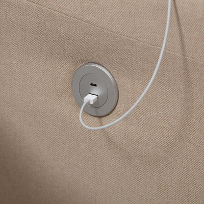 Divano moderno a 3 posti in lino trapuntato color cachi con 79 bottoni, 2 porte USB e piedino quadrato in plastica solida