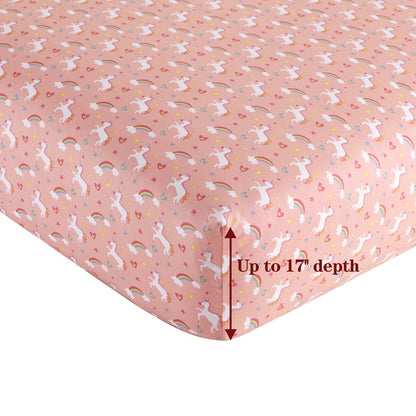 Set di lenzuola per tutte le stagioni in misto cotone percalle, con tasche profonde, per bambine, stampato, 600 fili, colore: rosa, unicorno, arcobaleno