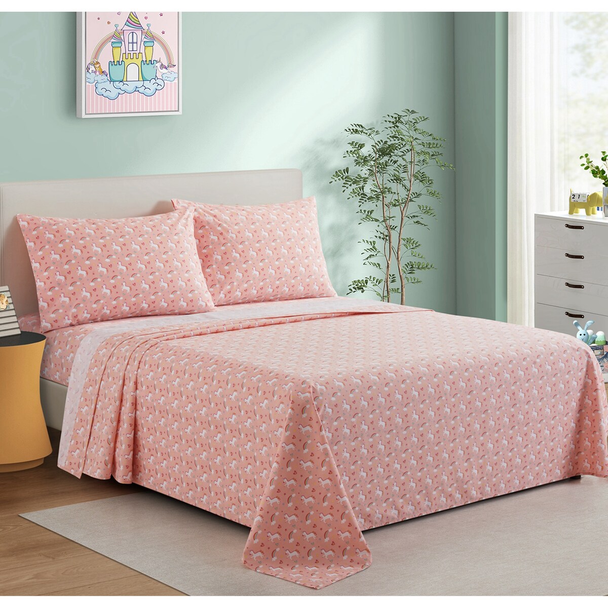 Set di lenzuola per tutte le stagioni in misto cotone percalle, con tasche profonde, per bambine, stampato, 600 fili, colore: rosa, unicorno, arcobaleno