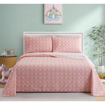 Set di lenzuola per tutte le stagioni in misto cotone percalle, con tasche profonde, per bambine, stampato, 600 fili, colore: rosa, unicorno, arcobaleno