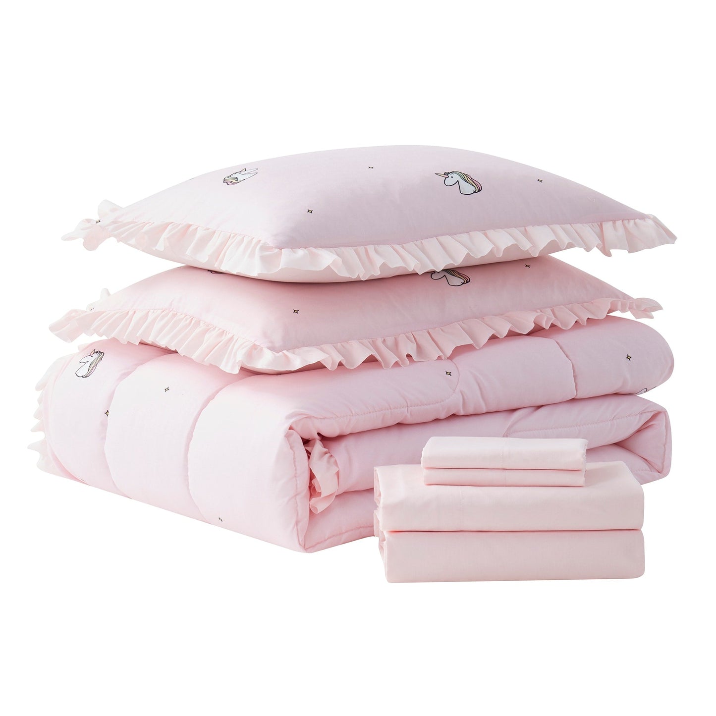 Set di 5 trapunte, federe e lenzuola per bambini con unicorno arcobaleno in un sacco