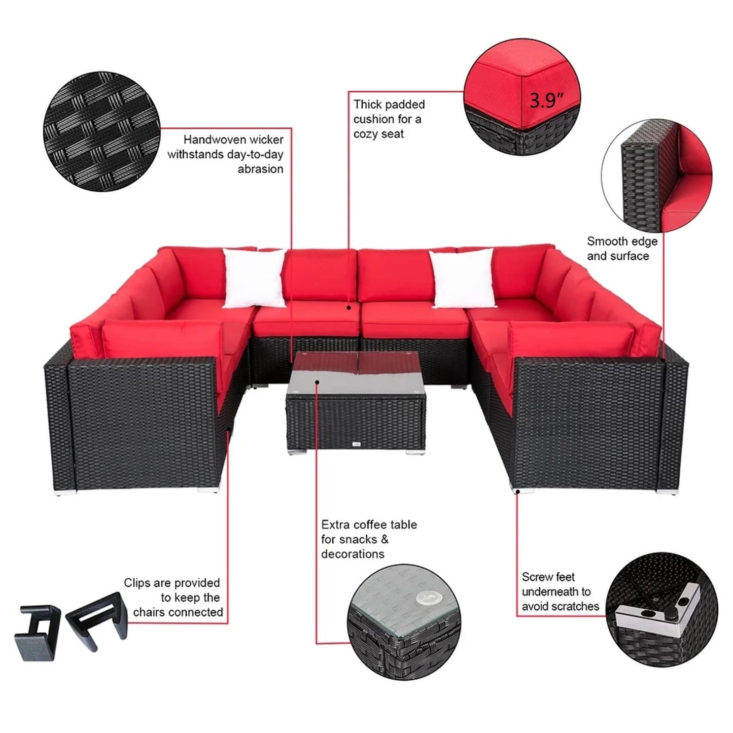 Divano componibile per esterni Kinbor da 9 pezzi, set da salotto in rattan e vimini, resistente alle intemperie, con cuscini, per patio e interni