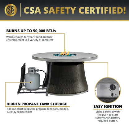 Kinger Home Isla Rattan Set da patio da 7 pezzi con tavolo per braciere a propano - 76 pollici