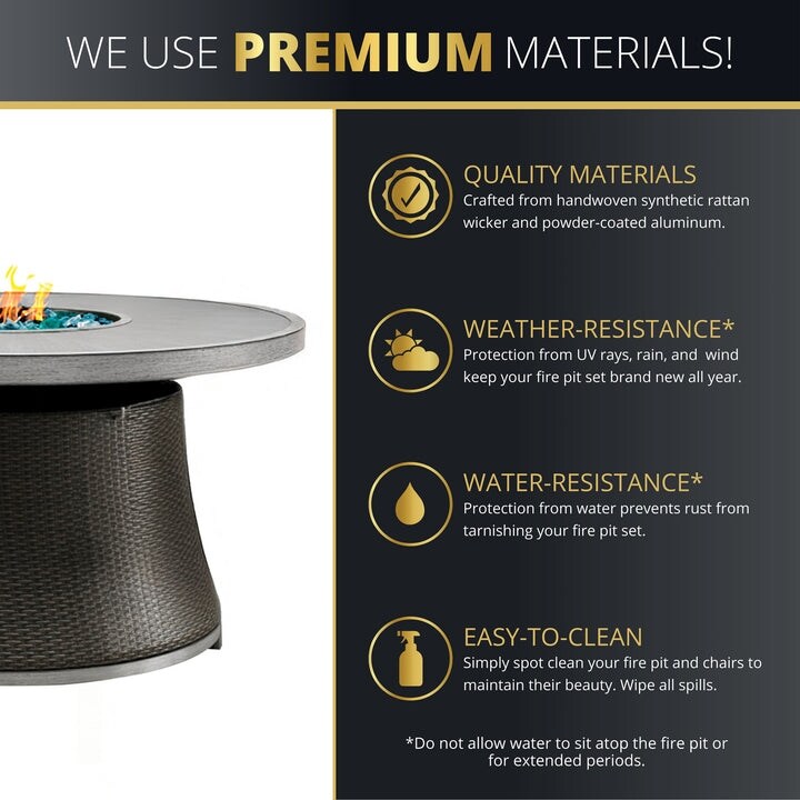 Kinger Home Isla Rattan Set da patio da 7 pezzi con tavolo per braciere a propano - 76 pollici