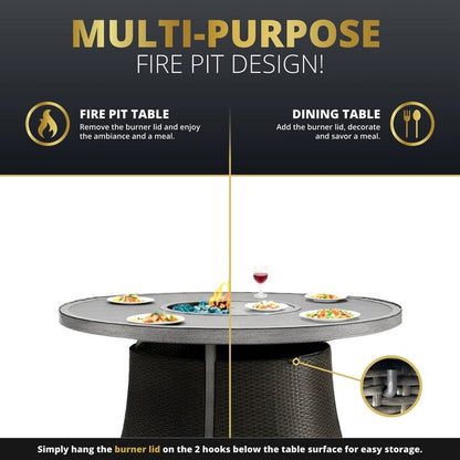 Kinger Home Isla Rattan Set da patio da 7 pezzi con tavolo per braciere a propano - 76 pollici