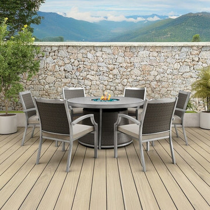 Kinger Home Isla Rattan Set da patio da 7 pezzi con tavolo per braciere a propano - 76 pollici
