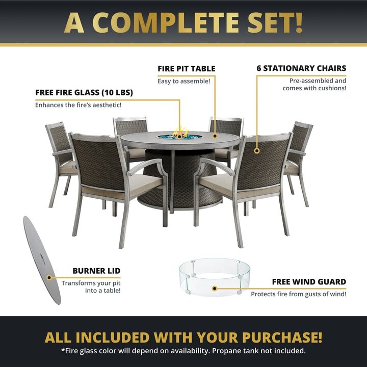 Kinger Home Isla Rattan Set da patio da 7 pezzi con tavolo per braciere a propano - 76 pollici