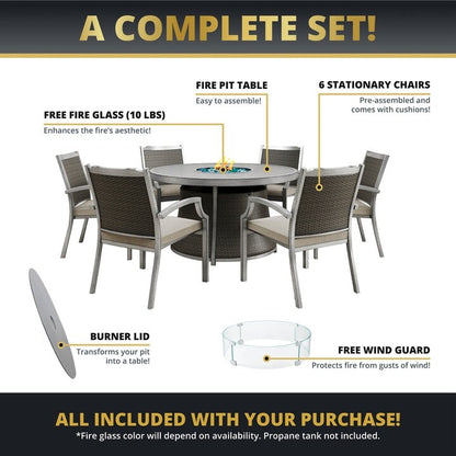 Kinger Home Isla Rattan Set da patio da 7 pezzi con tavolo per braciere a propano - 76 pollici