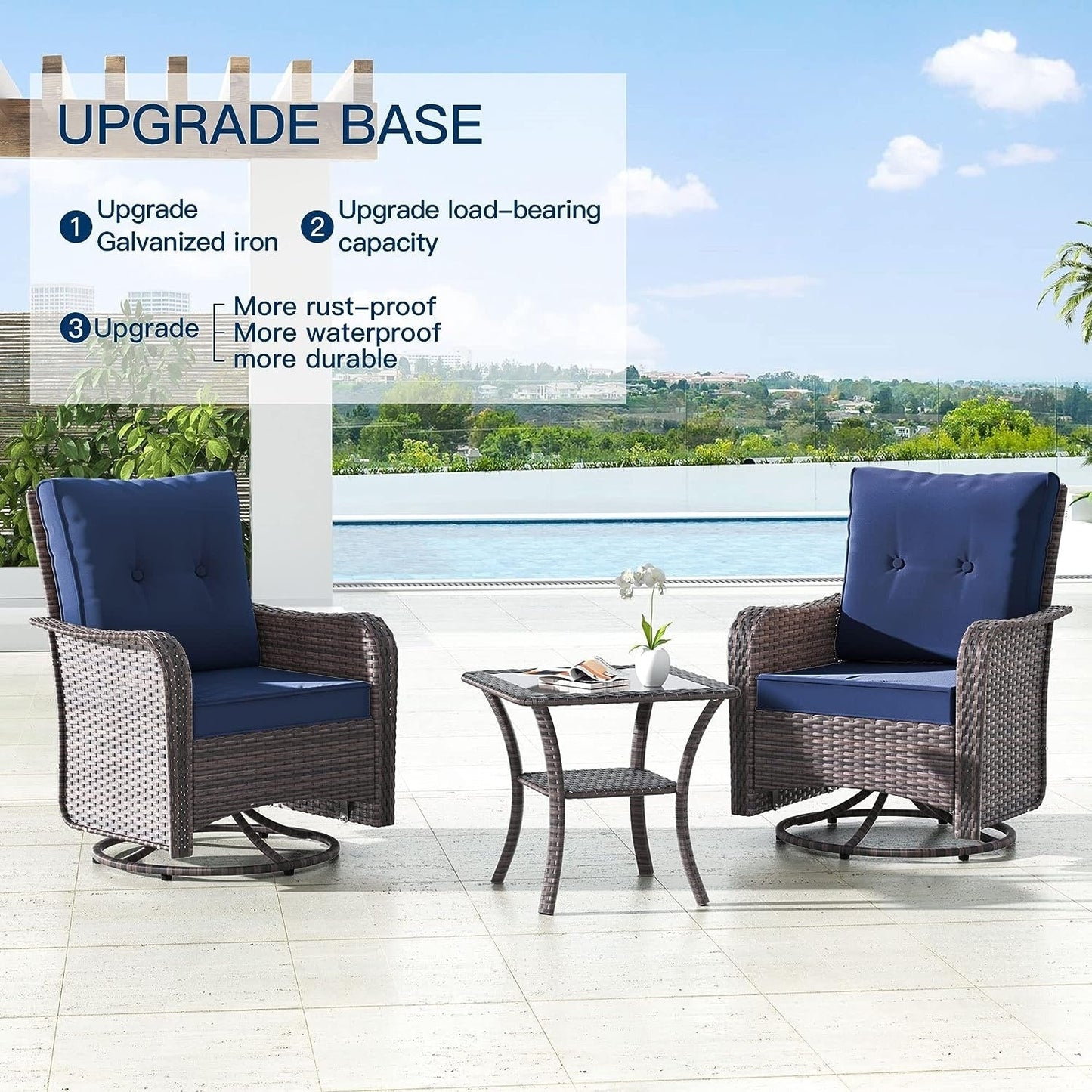 Set di mobili da giardino Kullavik da 3 pezzi, sedie a dondolo girevoli per esterni