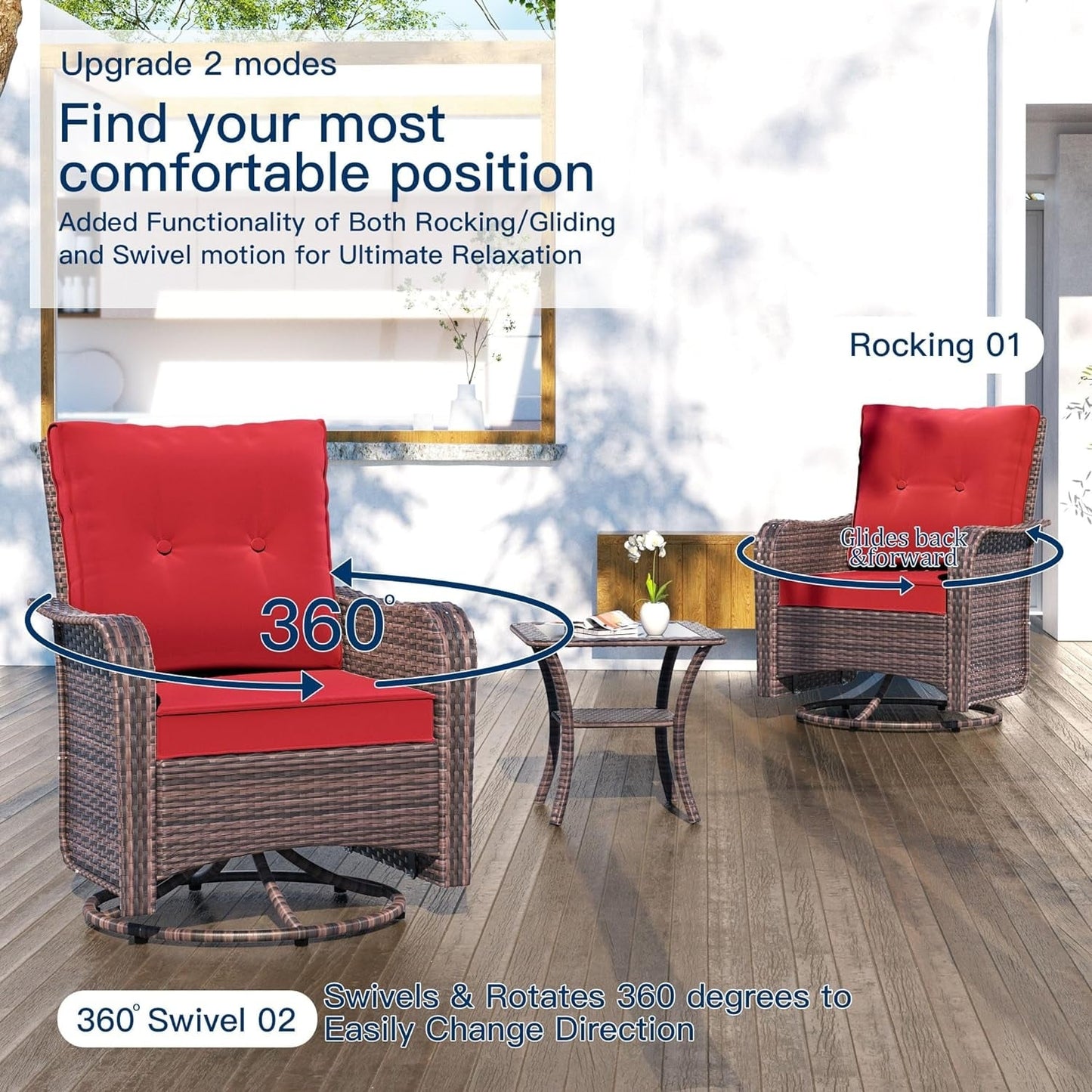 Set di mobili da giardino Kullavik da 3 pezzi, sedie a dondolo girevoli per esterni