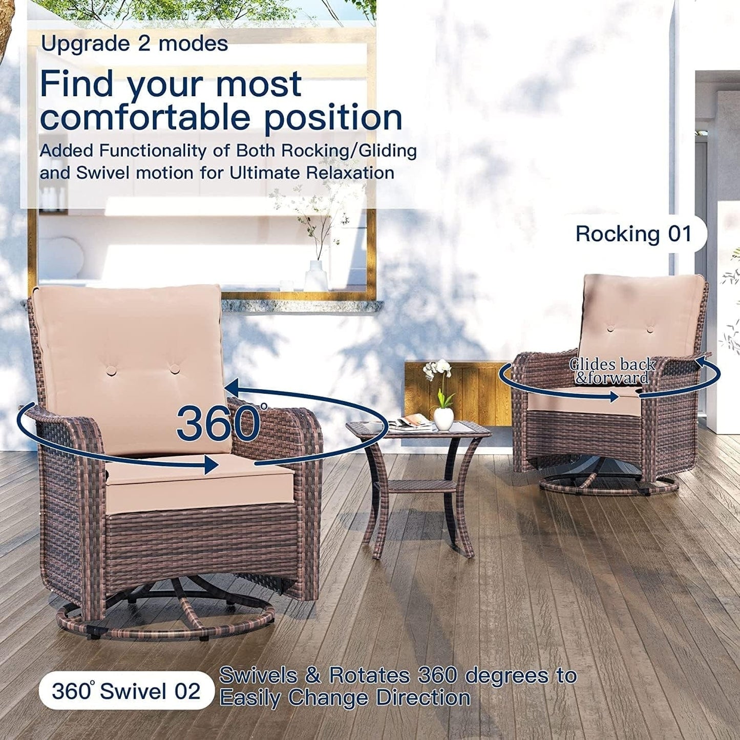 Set di mobili da giardino Kullavik da 3 pezzi, sedie a dondolo girevoli per esterni