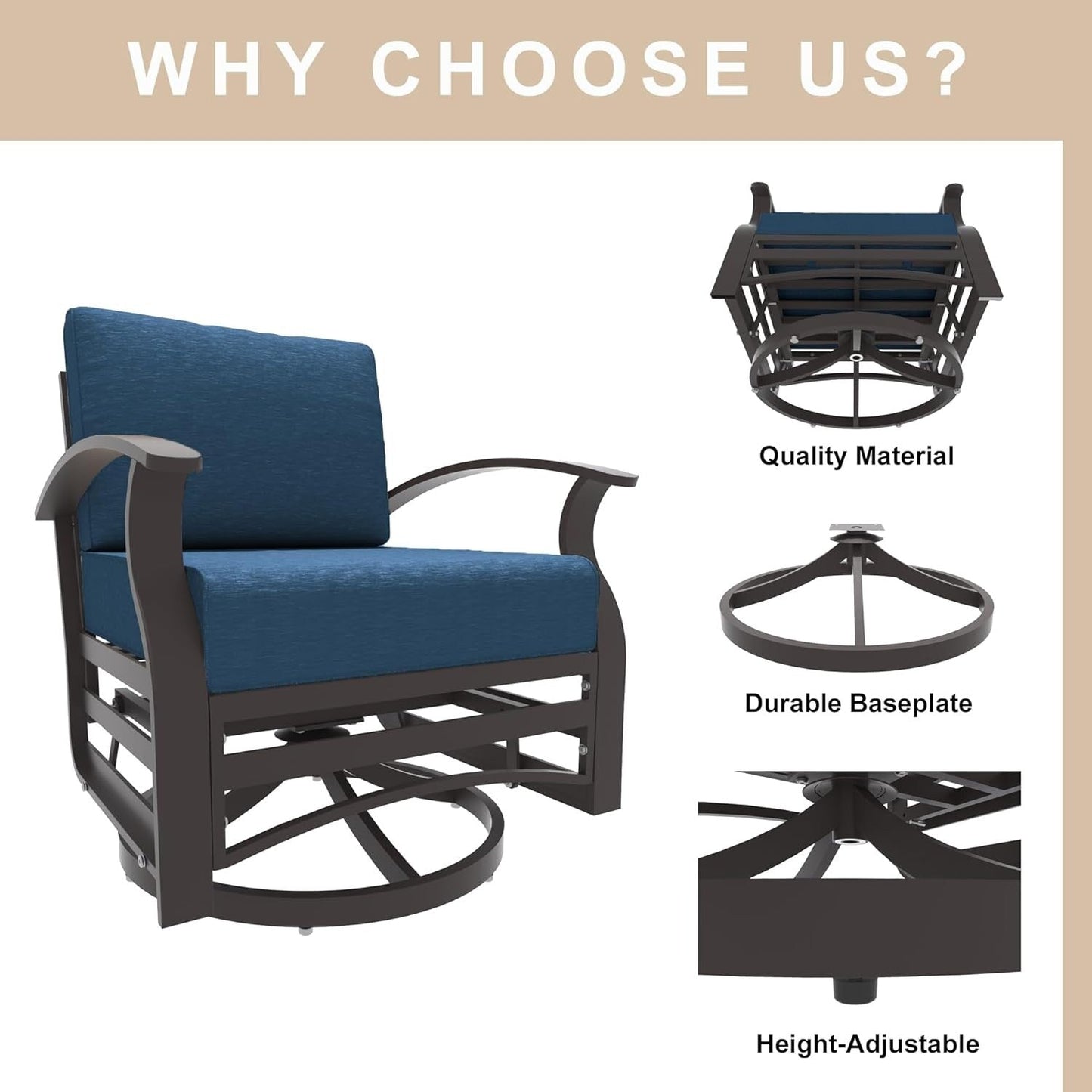 Kullavik Set di 3 sedie a dondolo in alluminio con tavolo girevole e 5 cuscini spessi