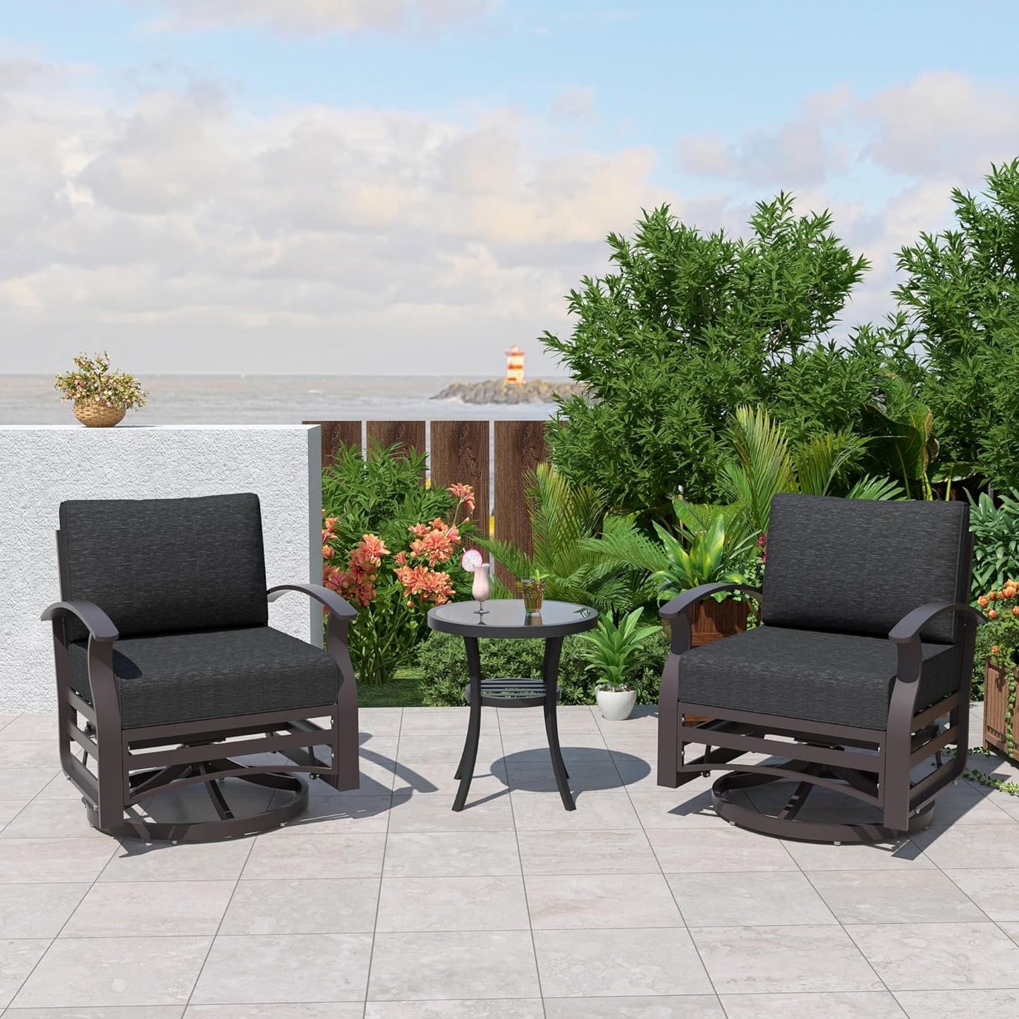 Kullavik Set di 3 sedie a dondolo in alluminio con tavolo girevole e 5 cuscini spessi