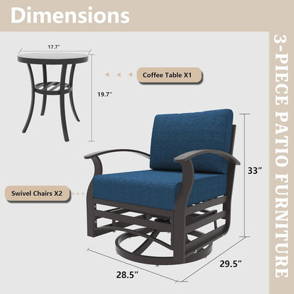 Kullavik Set di 3 sedie a dondolo in alluminio con tavolo girevole e 5 cuscini spessi