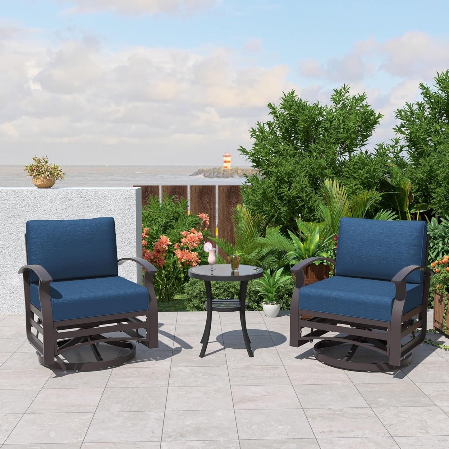 Kullavik Set di 3 sedie a dondolo in alluminio con tavolo girevole e 5 cuscini spessi