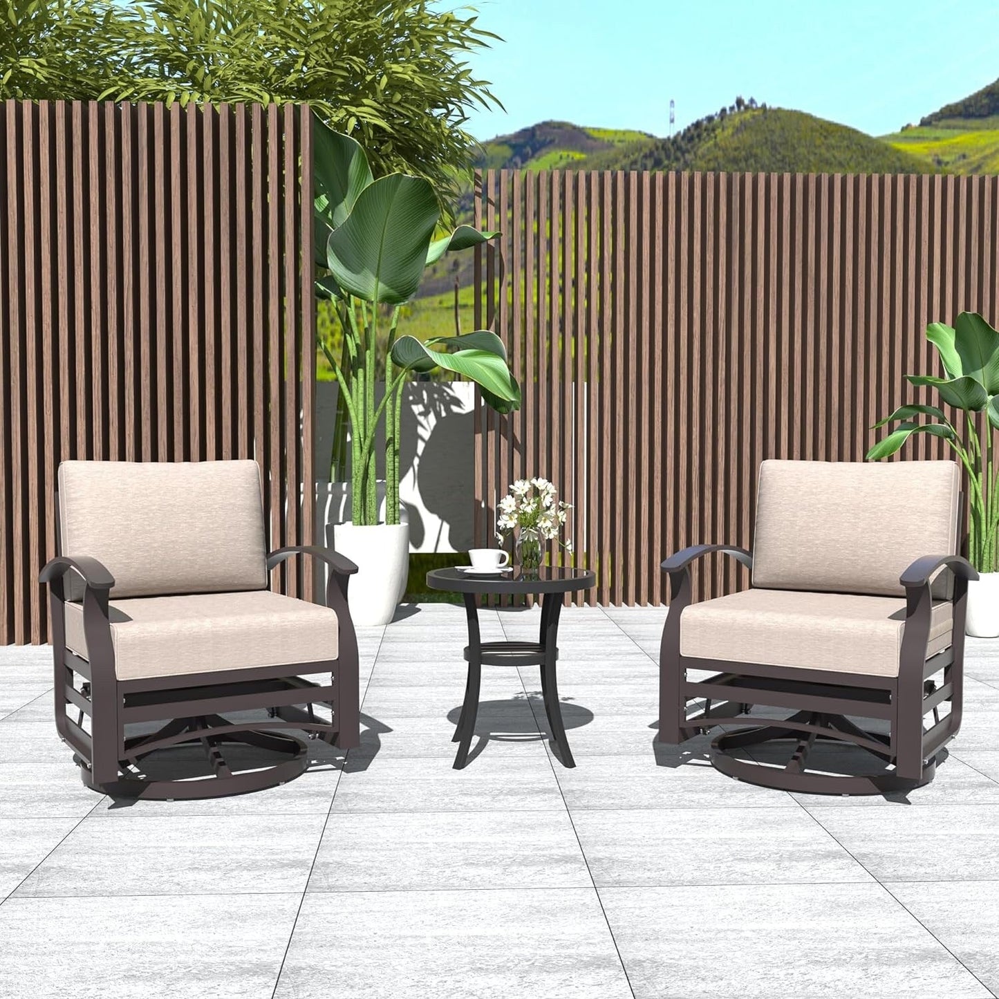 Kullavik Set di 3 sedie a dondolo in alluminio con tavolo girevole e 5 cuscini spessi