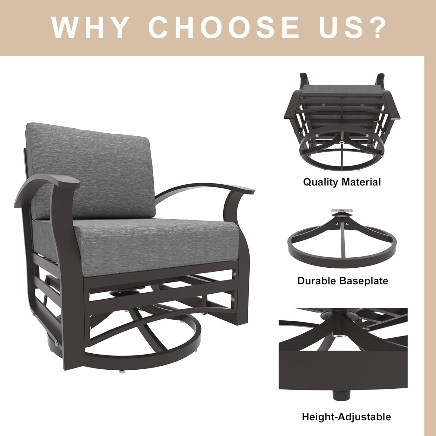 Kullavik Set di 3 sedie a dondolo in alluminio con tavolo girevole e 5 cuscini spessi