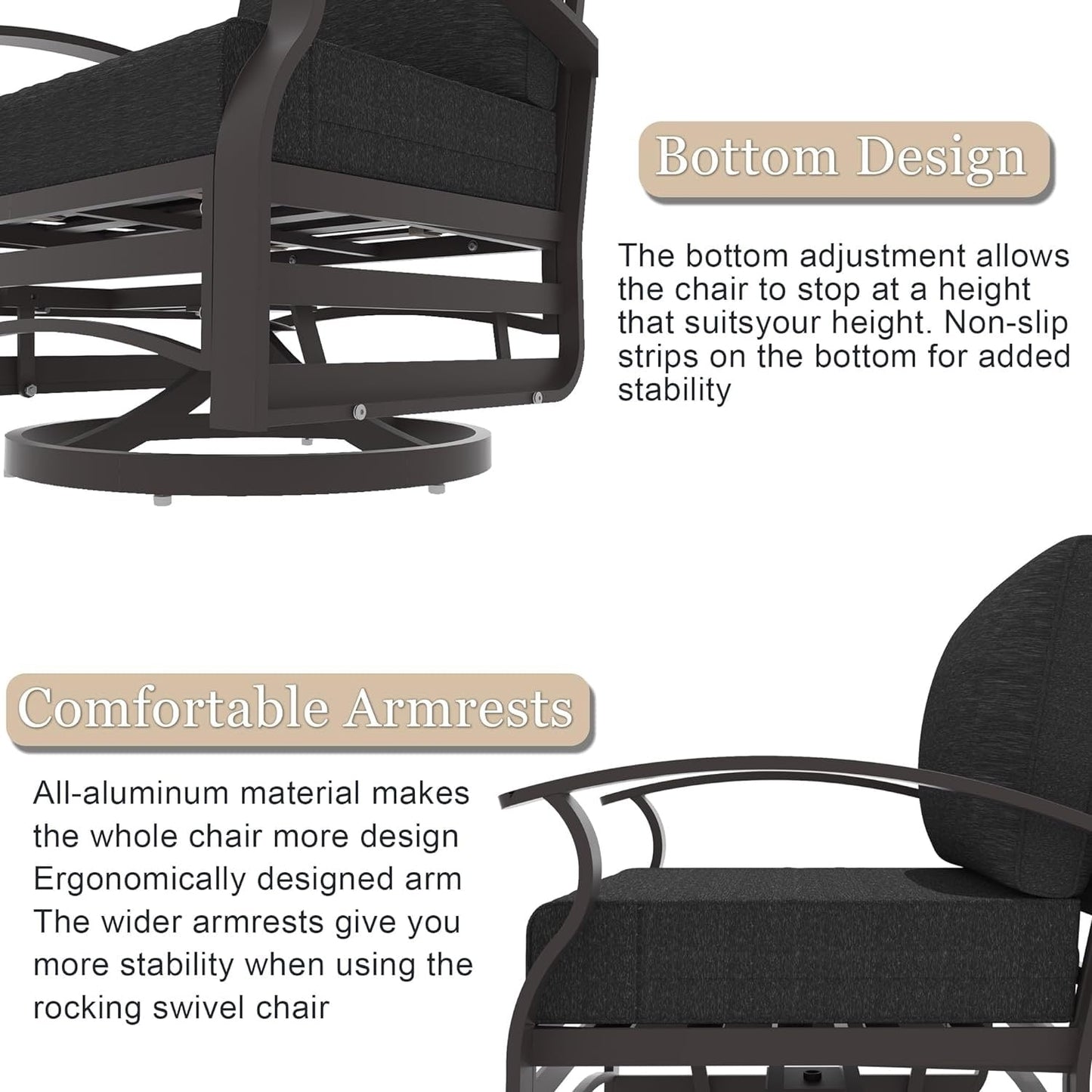 Kullavik Set di 3 sedie a dondolo in alluminio con tavolo girevole e 5 cuscini spessi