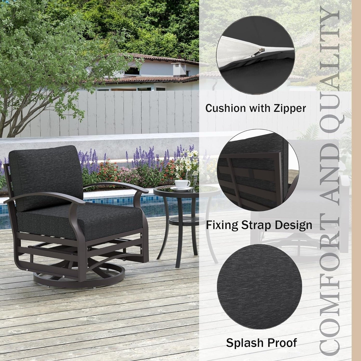 Kullavik Set di 3 sedie a dondolo in alluminio con tavolo girevole e 5 cuscini spessi