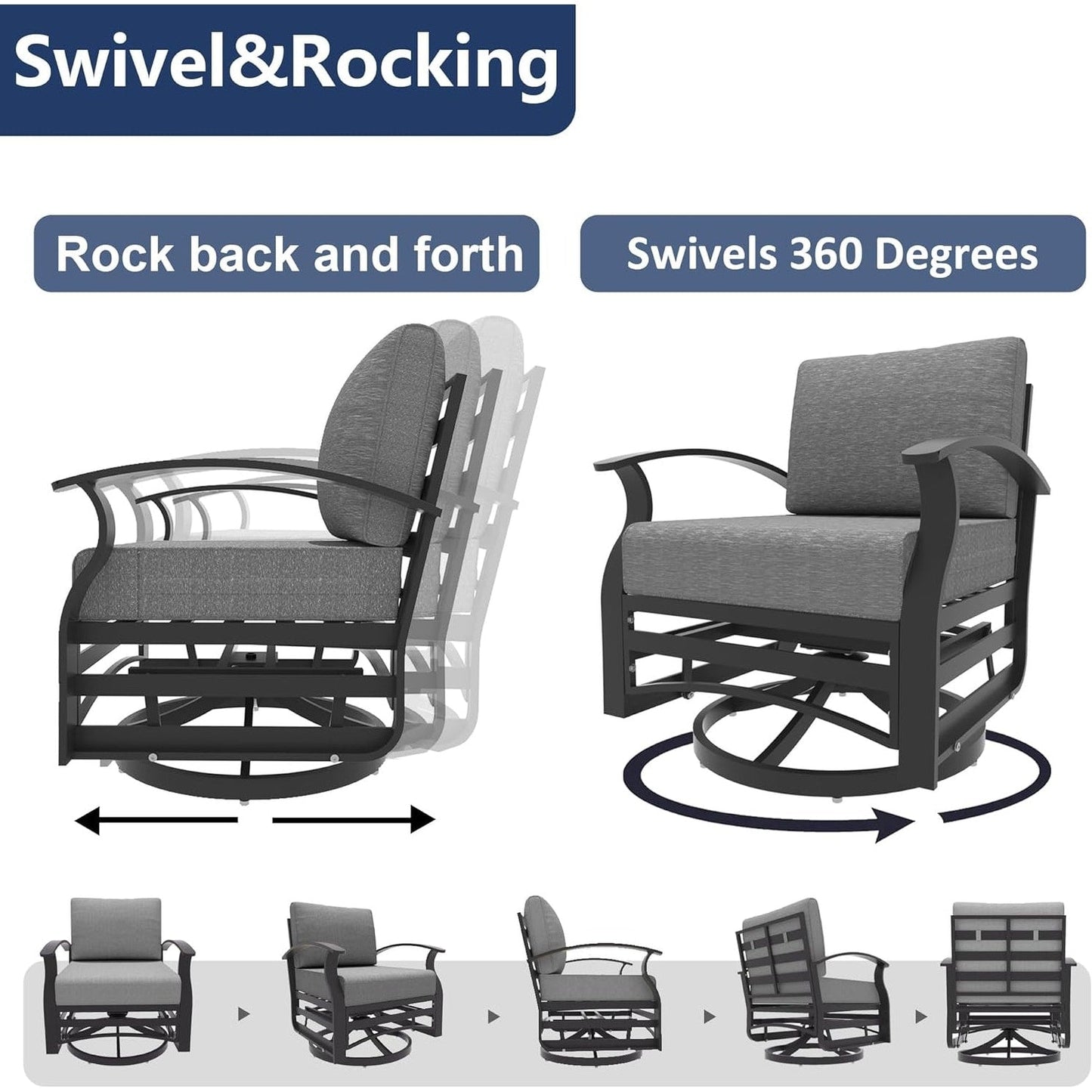 Kullavik Set di 3 sedie a dondolo in alluminio con tavolo girevole e 5 cuscini spessi