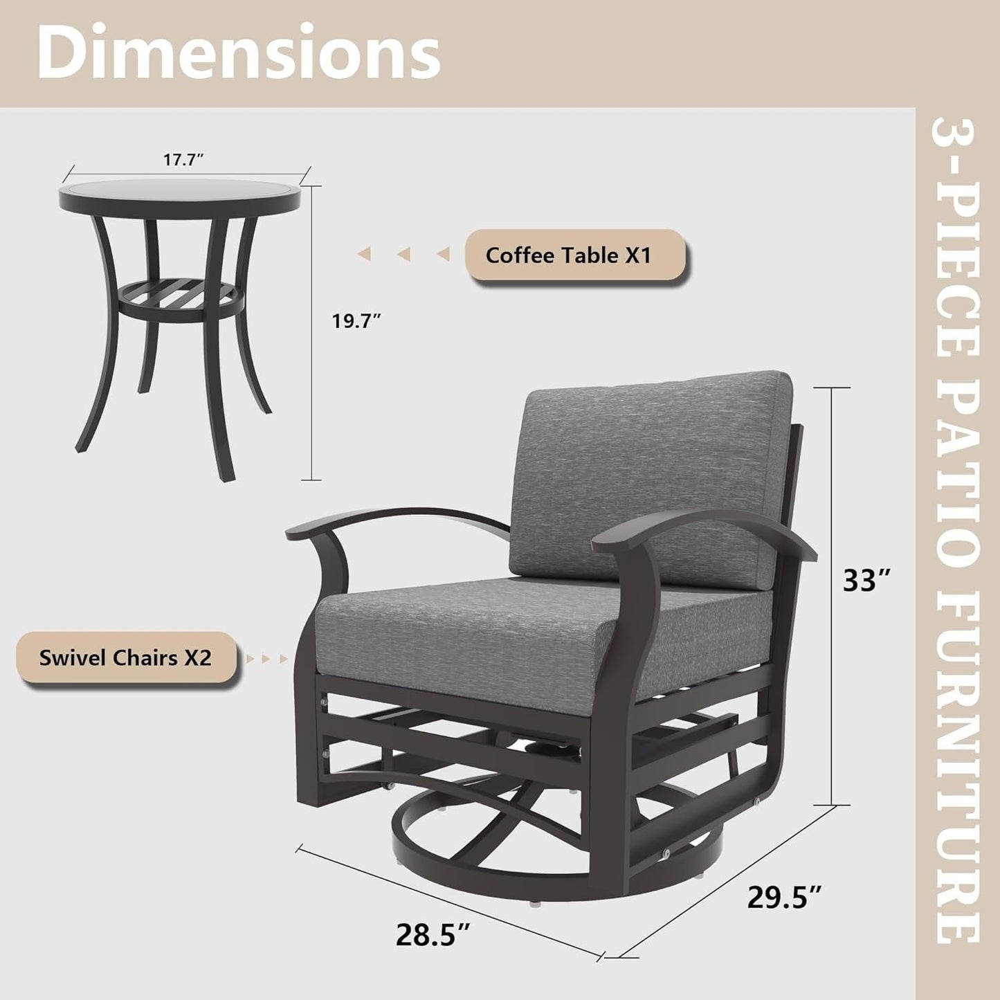 Kullavik Set di 3 sedie a dondolo in alluminio con tavolo girevole e 5 cuscini spessi